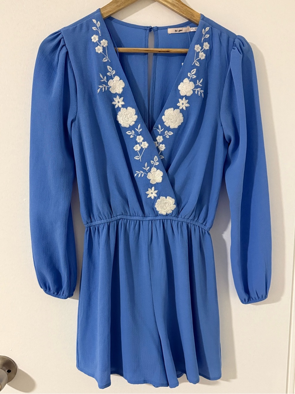 Francesca's Collections Blue V-Neck Dress with White Floral Embroidery